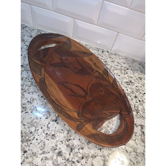 Vintage Haitian Haiti Fish Hand Carved Brown Wood Art Oval Tray Decor - Picture 2 of 7